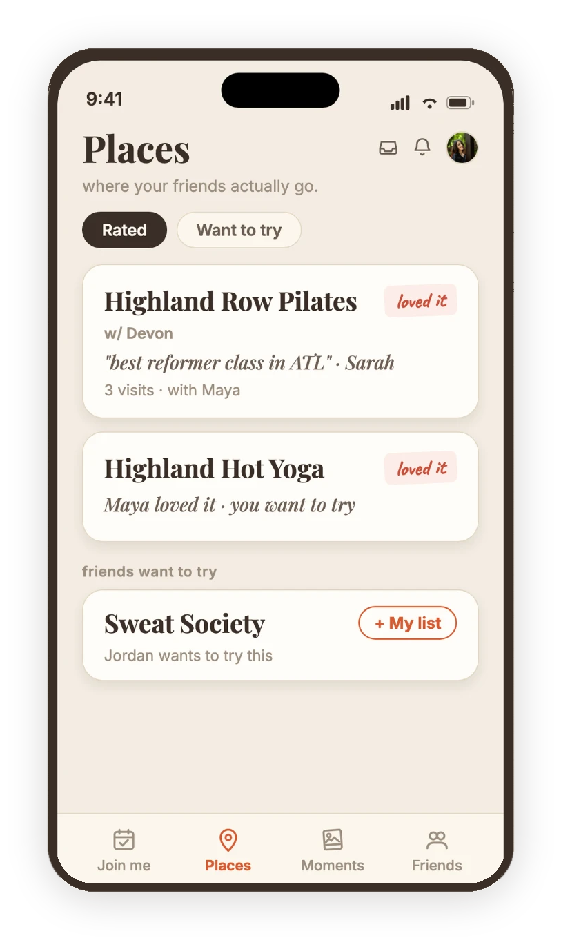 amiqo Places screen showing studios rated loved it or worth trying by friends.