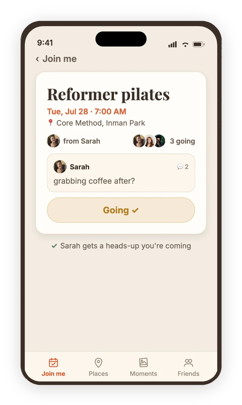 amiqo class detail screen showing three friends going and a Going confirmation.