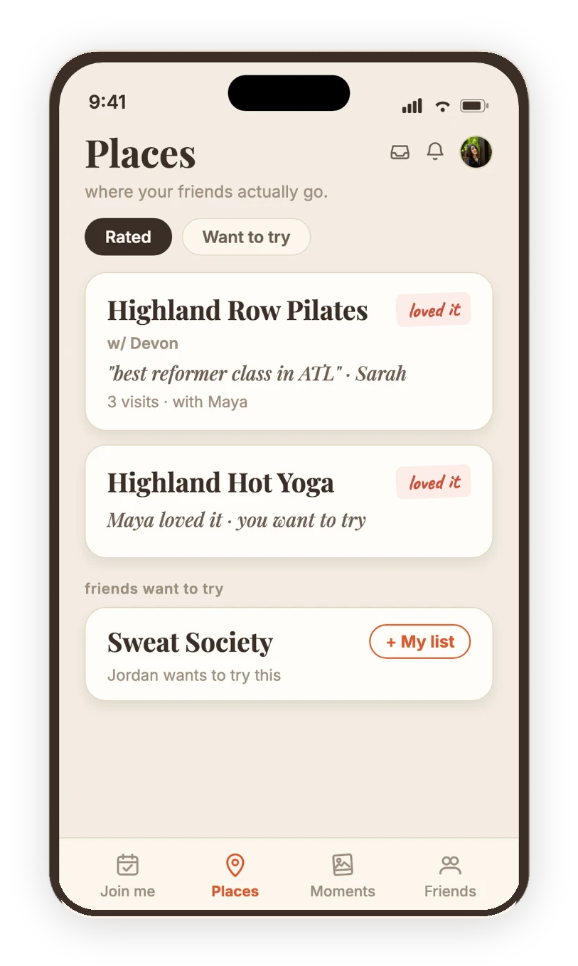 amiqo Places screen showing studios rated loved it or worth trying by friends.