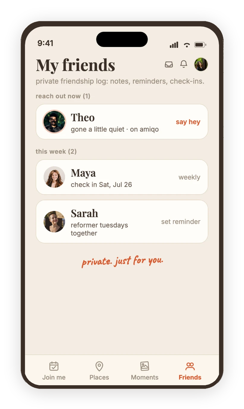 amiqo private friends log with reminders and check-ins.