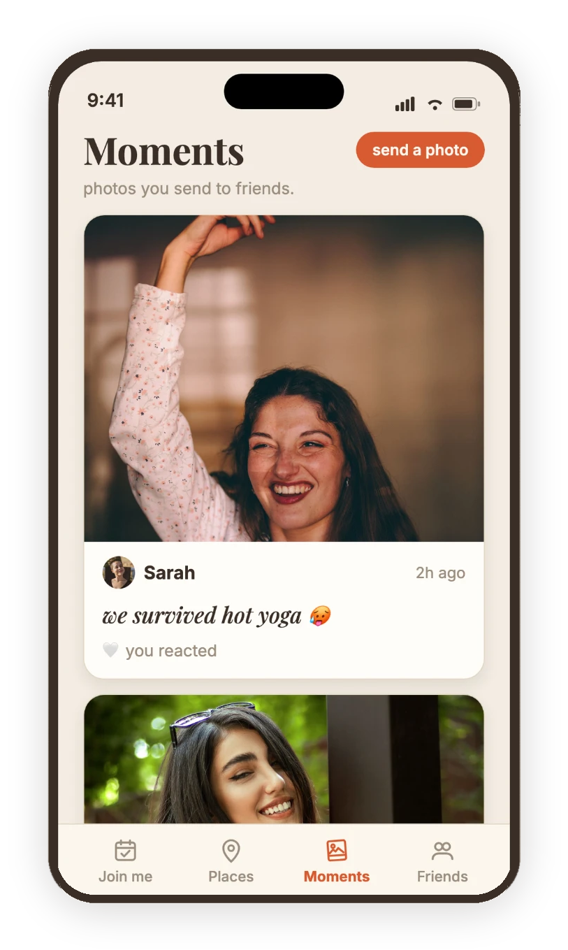 amiqo Moments screen showing a photo a friend sent after hot yoga.