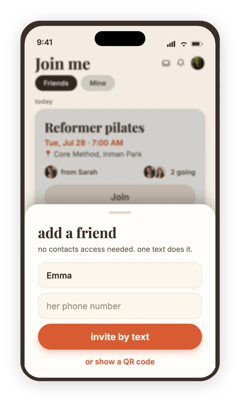 amiqo add a friend screen with invite by text and no contacts access needed.