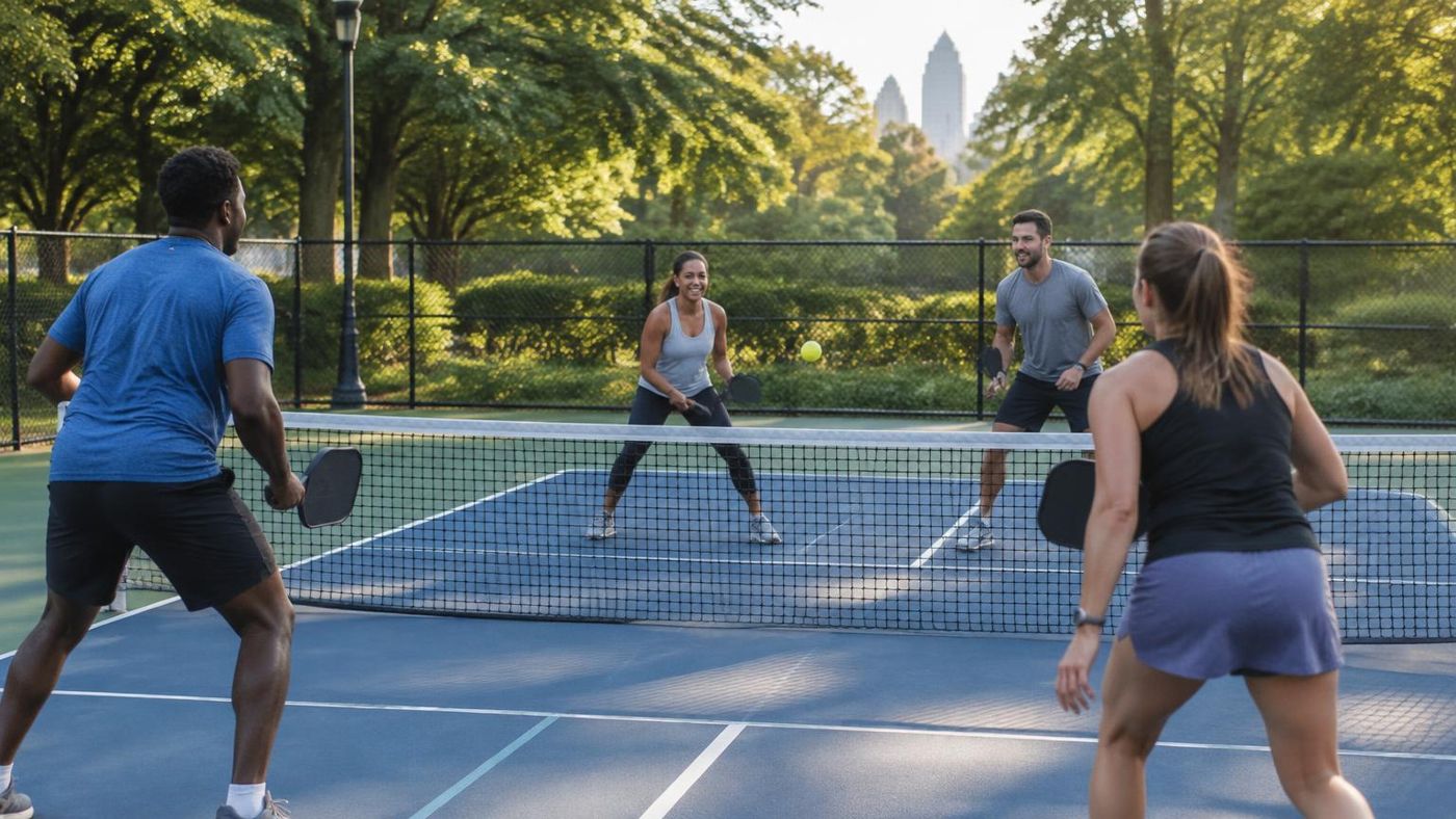 Four friends playing doubles pickleball together on an outdoor court in an Atlanta park.
