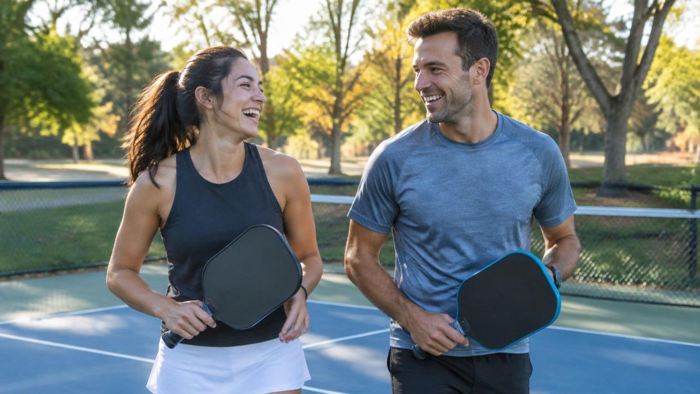 Two friends laughing with pickleball paddles beside an outdoor court after a game.