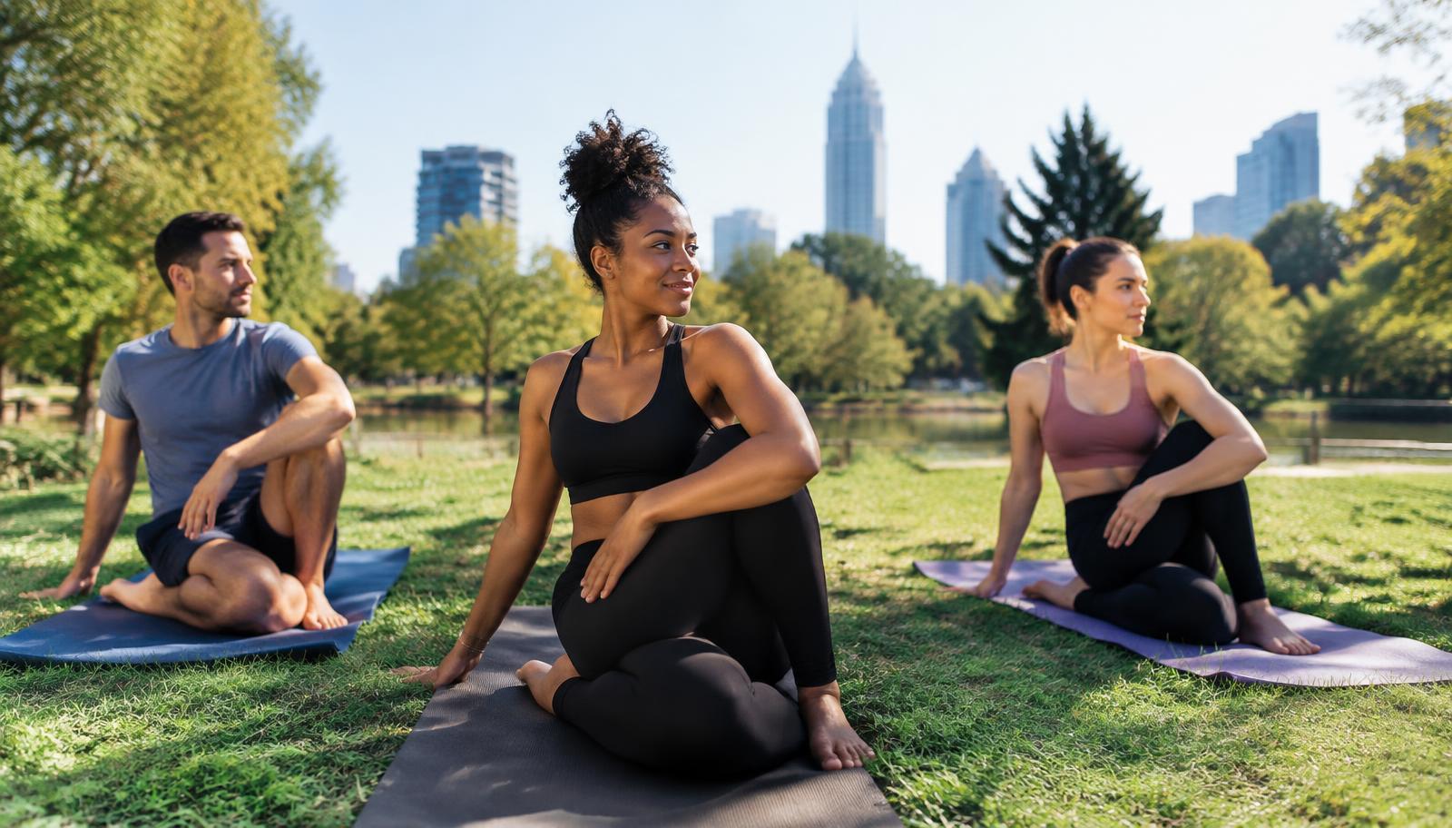Three friends doing yoga together on mats in a sunny Atlanta park in the morning.