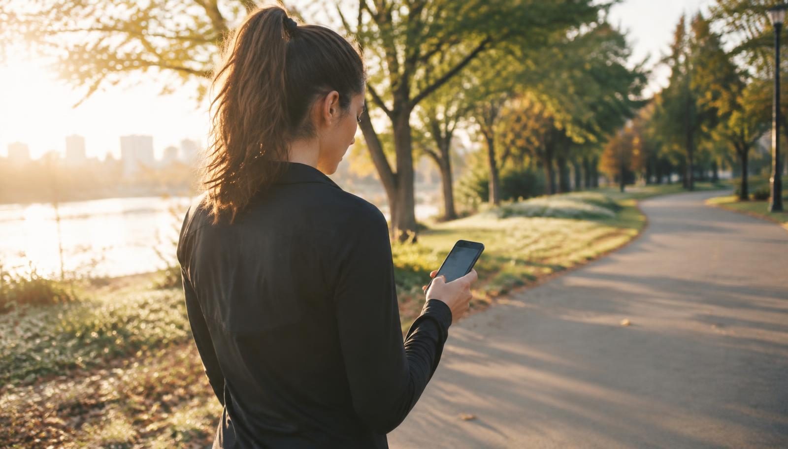 A runner starting a shared morning run while messaging a long-distance workout partner.