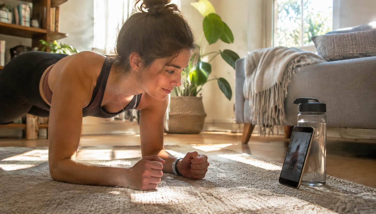 Two friends working out together over video call from different homes.