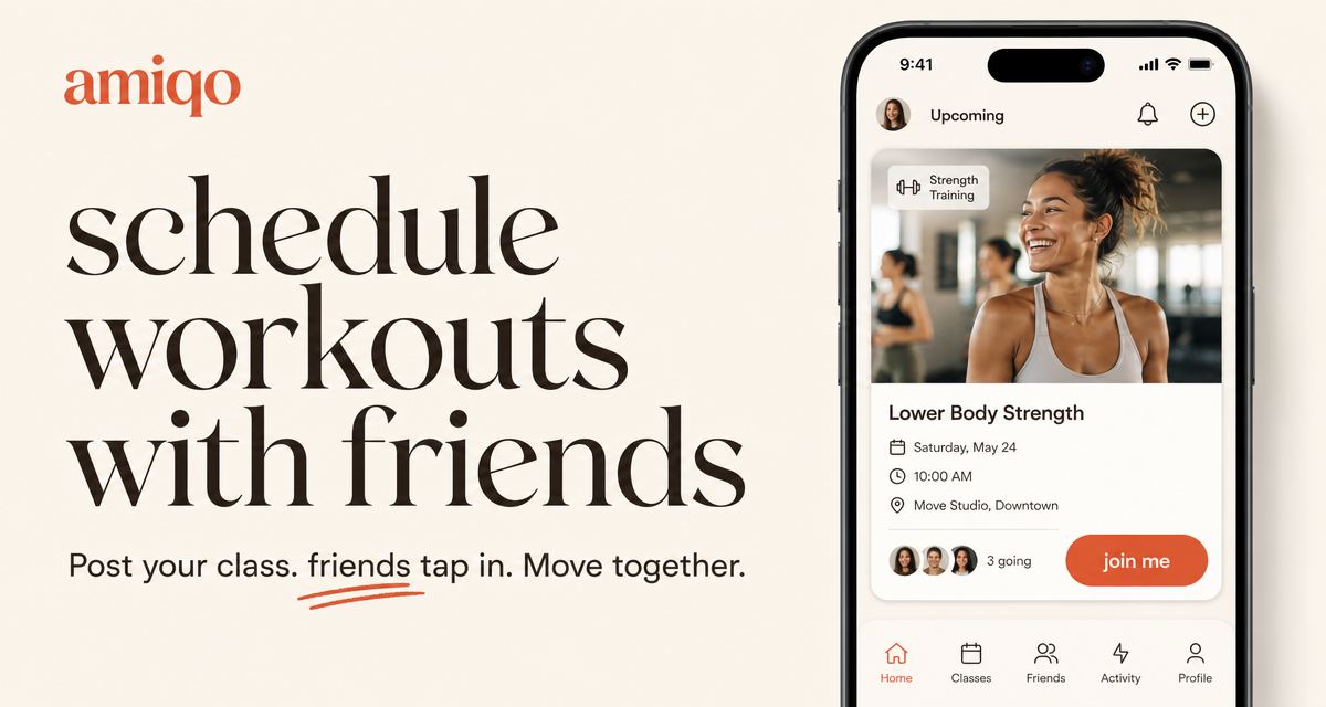 amiqo workout scheduling screen showing friends tapping in to a strength class